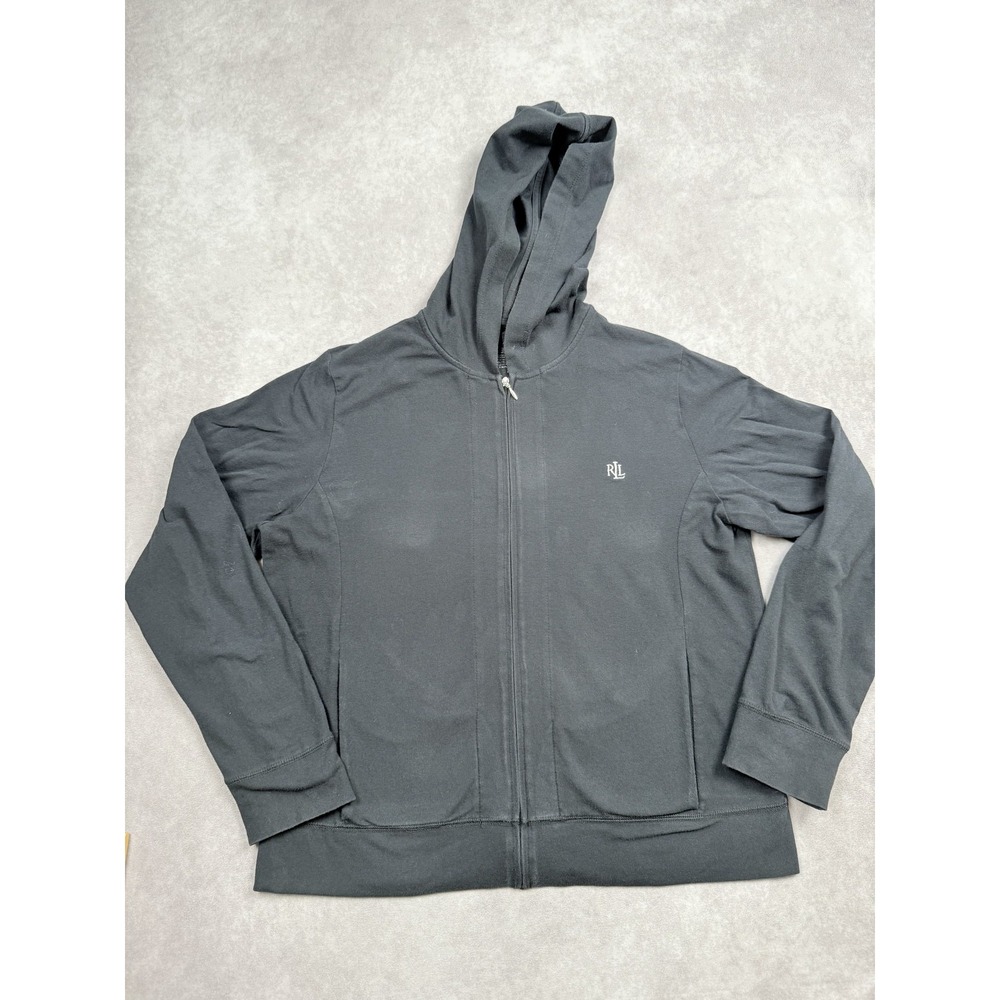 Ralph Lauren Hoodie Mens Large Black Full Zip RL‎ Embroidered Lightweight Jacket
